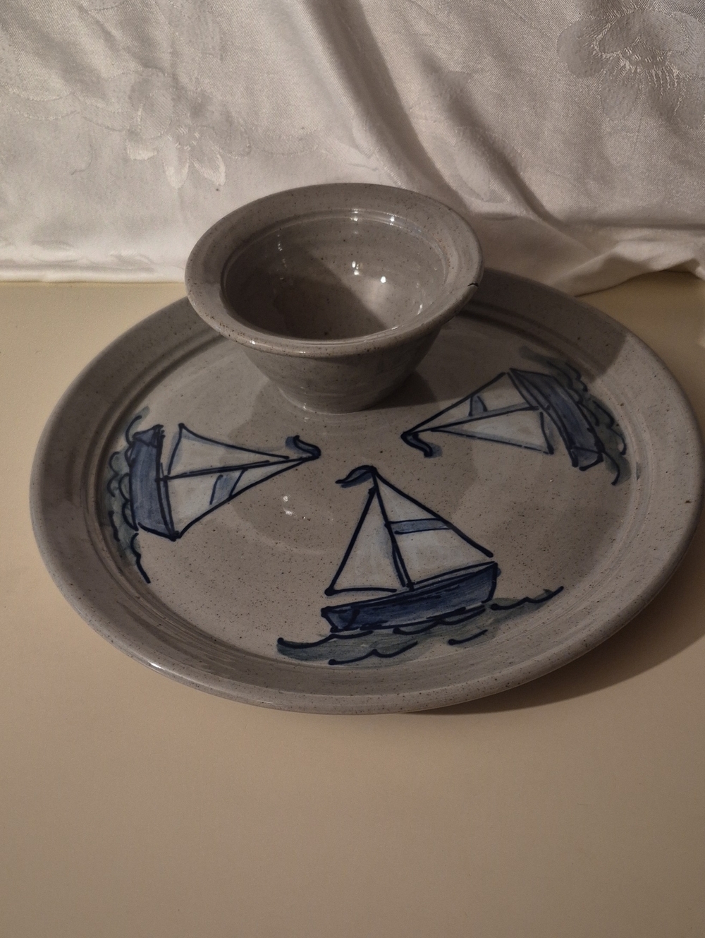 Coastal Stoneware Chips And Dip Set in Light Gray and Navy Sailboats